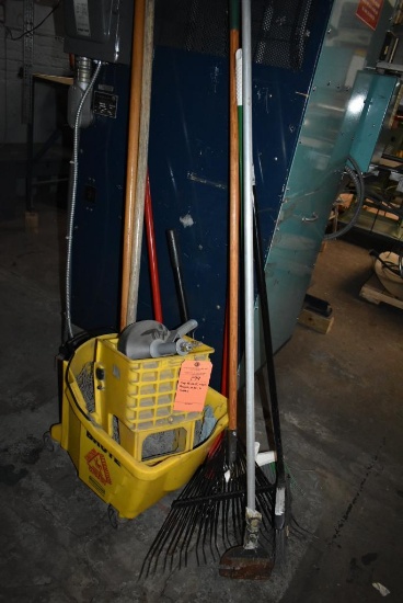 MOP BUCKET, MOPS, BROOMS, RAKE AND SNAKE