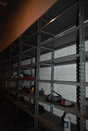 (7) 3' WIDE METAL SHELVING UNITS WITH ALL CONTENTS; HAND TOOLS, LIGHTS, ETC., SOME RUST
