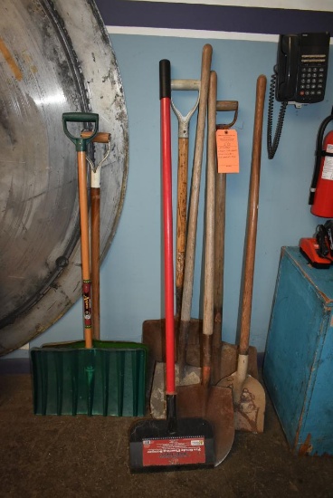 ASSORTED SPADES, SHOVELS, SNOW SHOVEL, ICE BREAKER AND MISC.