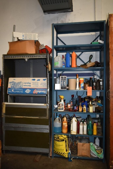 (2) METAL SHELVING UNITS WITH CONTENTS; GREASE, OIL, OIL CANS AND MISC.