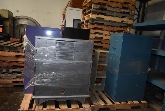 (2) SKIDS OF FURNITURE; (3) METAL FILE CABINETS, WOOD SHELF AND WOOD DRESSER