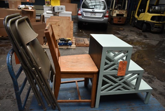 WOODEN CHAIR AND (3) FOLDING CHAIRS (TABLE HAS BEEN REMOVED FROM SALE)