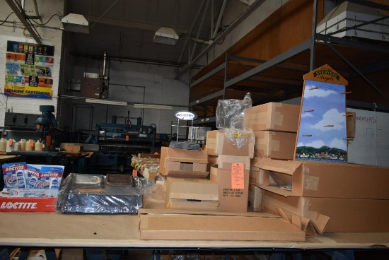 ASSORTED DISPLAY CASES ON TABLE, LOCTITE, ZENITH BATTERIES, BRUNTON BINOCULARS, ANGELS, MISC.