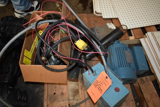 SKID WITH MOTORS, WEIGHTS AND MISC. MACHINE PARTS
