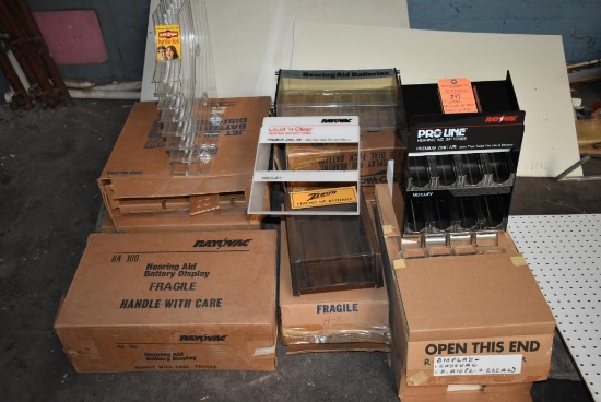ASSORTED RAY-O-VAC BATTERY PLASTIC DISPLAY CASES ON FLOOR