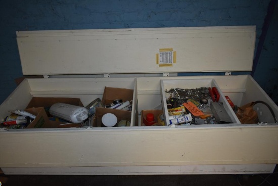 6' x 2' WOODEN CRATE WITH CONTENTS; ROPE, HARDWARE AND MISC., INCLUDES METAL DOLLY,
