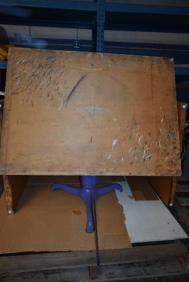 TILT-TOP DRAFTING TABLE ON VINTAGE THREE LEGGED METAL BASE, 31" x 42"
