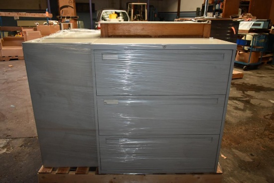 CONTENTS OF PALLET, (2) 3'W HORIZONTAL FILE CABINETS & 3'W WOODEN BLUEPRINT CABINET