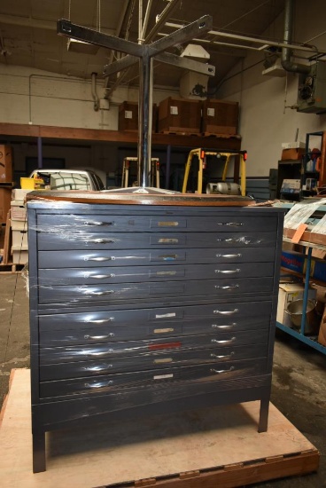 43" WIDE TEN DRAWER BLUEPRINT CABINET ON PALLET WITH 45" ROUND PEDESTAL TABLE,