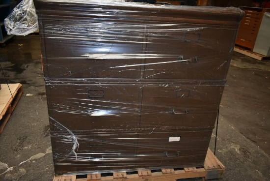 WOODEN SIX DRAWER FILE CABINET, 41"W x 42"H ON PALLET WITH BLACK PEDESTAL