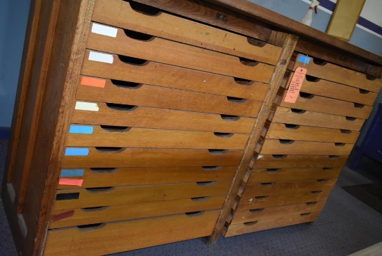 THREE PIECE MULTI DRAWER WORK STATION BLUEPRINT SUPPLY CABINET, WOODEN, EACH 35" x 22 1/2"