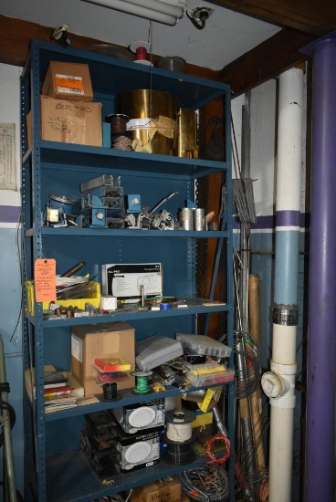 3' WIDE METAL SHELVING UNIT WITH WIRE, SHIM STOCK, MACHINE PARTS, ETC.