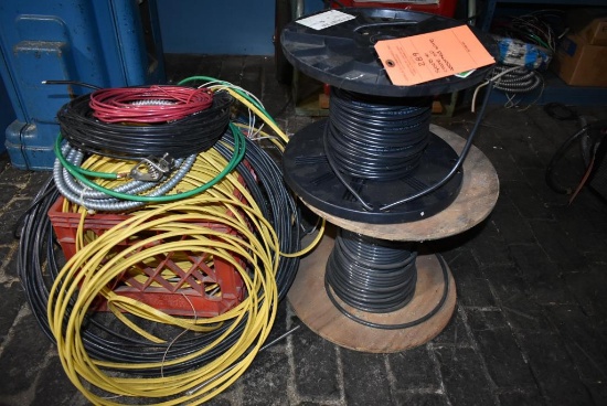 SPOOLS AND CRATE OF ASSORTED WIRE