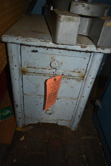 SMALL THREE DRAWER METAL STAND WITH CONTENTS; TOOLING AND MISC.