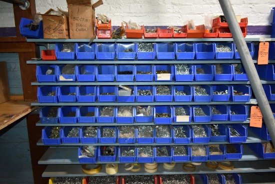 CONTENTS IN BLUE BINS ON LEFT SIDE OF SHELVING, ASSORTED HARDWARE AND MISC.