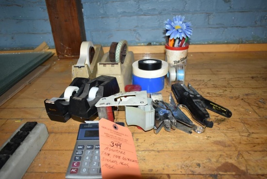 ASSORTED TAPE, TAPE DISPENSERS, STAPLERS, PENS AND MISC.