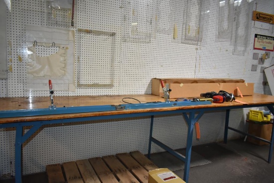 LONG WOOD AND METAL WORK BENCH, NO CONTENTS, 36"H x 142"W x 36"D