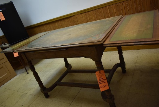 VINTAGE LIBRARY/TRESTLE WOODEN TABLE WITH PULL-OUT WINGS, 30" x 72"L x 30"W