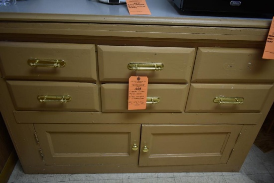 SIX DRAWER TWO DOOR PAINTED CABINET WITH MISC. CONTENT IN DRAWERS/SHELF, 36"H x 52"W x 18"D