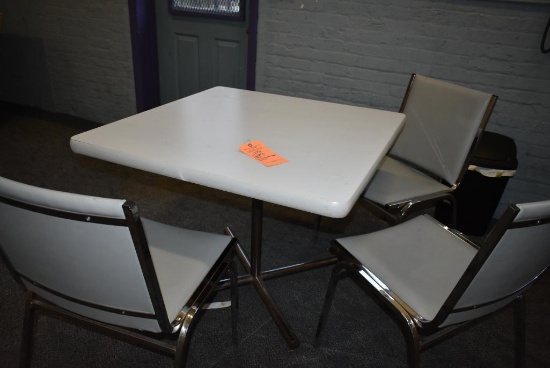 3' SQUARE PEDESTAL TABLE AND (3) GRAY STACKABLE CHAIRS