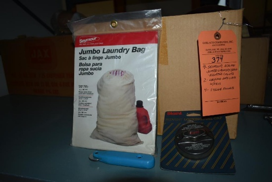 (9) SEYMOUR NYLON JUMBO LAUNDRY BAGS, ASSORTED COLORS, (2) LOKING GAS CAPS WITH KEYS
