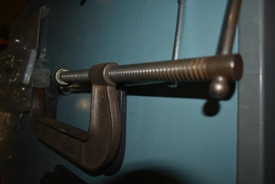 (2) 8" C-CLAMPS, (1) JORGENSEN AND (1) GENERAL FORGE