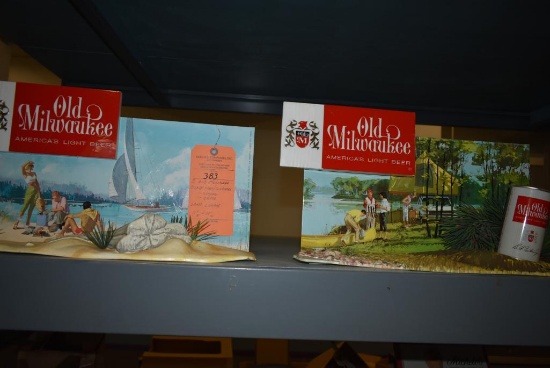 (2) OLD MILWAUKEE DISPLAY SIGNS/DIORAMAS, (1) CAMPING, (1) BEACH, SOME DAMAGE, 11" H x 19"W