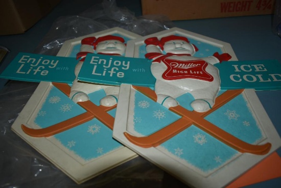 (2) VINTAGE MILLER HIGH LIFE PLASTIC SNOWMAN SIGNS, 12"H x 12"W