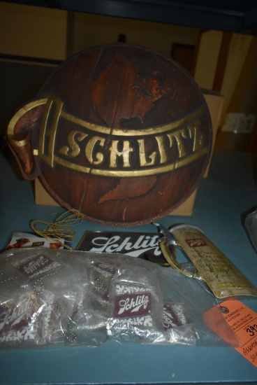 ASSORTED PLASTIC SCHLITZ SIGNS, PARTS OF SIGNS, KEY CHAINS