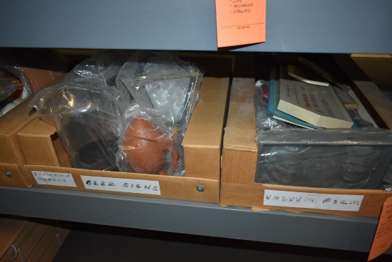 CONTENTS ON THIS SHELF; BOXES OF GENERIC BEER & MISC. PRODUCT PLASTIC SIGNS/ADVERTISING