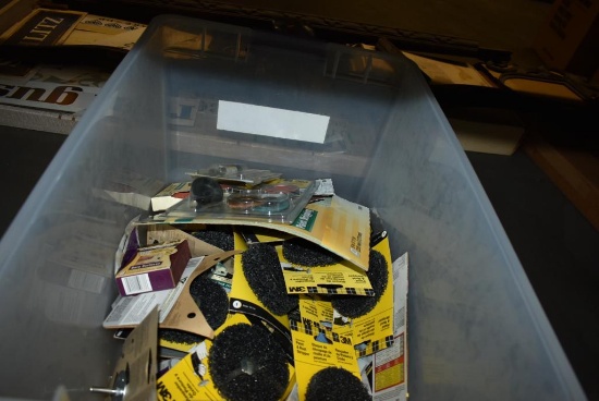 BIN OF ASSORTED PAINT STRIPPER DISCS, SANDPAPER, SANDING SPONGES, SPOT SANDING STICKS, MISC.