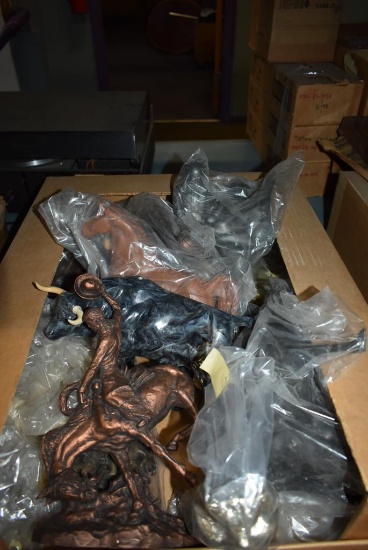 BOX OF ASSORTED BEER SIGN ANIMAL FIGURES; HORSES, BULLS, BRONCO, BEAR AND MISC.