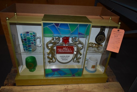 OLD MILWAUKEE LIGHTED DISPLAY CASE WITH 4 SHELVES, CONTENTS & BOX, LIGHT WORKS, 22"H x 30"W x 7" D