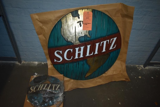 SCHLITZ PLASTIC GLOBE WALL SIGN, 29" DIAMETER WITH SMALLER BROKEN GLOBE