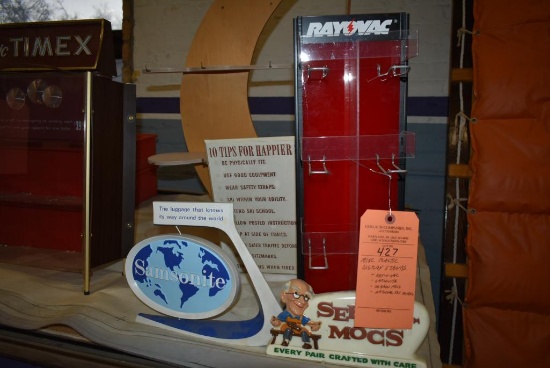 MISC. PLASTIC DISPLAY STANDS; RAY-O-VAC, SAMSONITE, SEBAGO MOCS, NATIONAL SKI PATROL