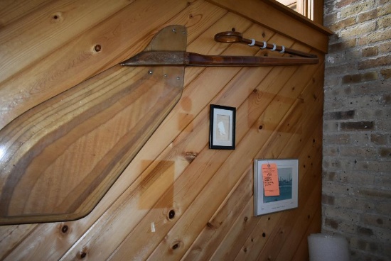 WOODEN RUDDER AND (3) SAILING PRINTS