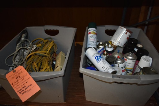 (2) BINS OF ASSORTED POWER CORDS, SURGE PROTECTORS, ELECTRICAL, SPRAY PAINT AND MISC.