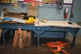 WOOD BENCH WITH TWO DRAWERS AND METAL CAN OPENER, INCLUDES CONTENTS IN DRAWERS ONLY, 34