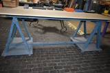 4' x 8' WOODEN WORK TABLE ON CASTERS, SAWHORSE STYLE BASE, NO CONTENTS - PICTURE IS REPRESENTATIVE
