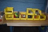 (9) YELLOW BINS WITH MISC. PARTS, HARDWARE, ETC.