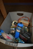 BIN WITH MISC. ITEMS; PROPANE CARTRIDGES, CAULK, OIL CANS, ETC.