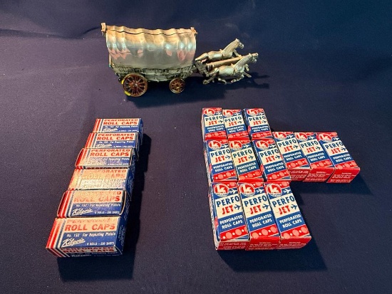 VINTAGE WESTERN LOT WITH PLASTIC COVERED WAGON- WITH (2) HORSES, (11) PERFOR JET PERFORATED ROLL