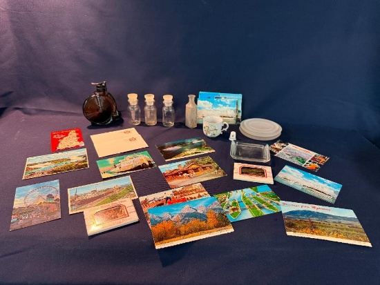 LOT OF VINTAGE GLASSWARE AND ASSORTMENT OF VINTAGE POSTCARDS