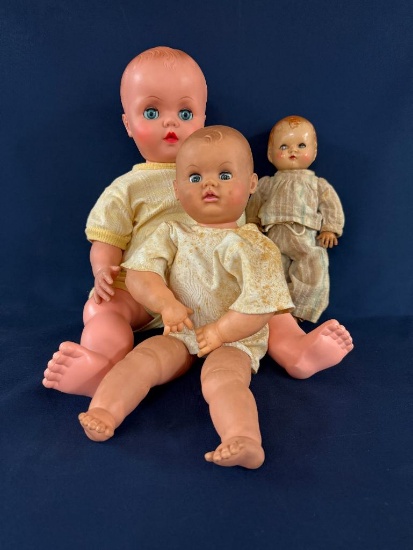 LOT OF (3) VITAGE DOLLS, LARGEST IS 24" TALL, CAMEO DOLL-18" TALL AND SMALL DOLL WITH A COMPOSITE