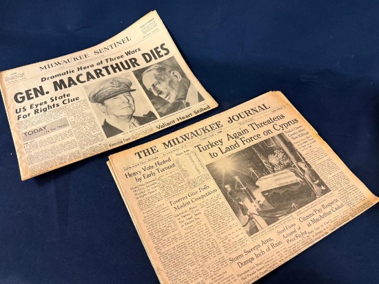 LOT OF (1964) PASSING OF GENERAL MACARTHUR NEWSPAPERS- MILWAUKEE JOURNAL AND CHICAGO TRIBUNE