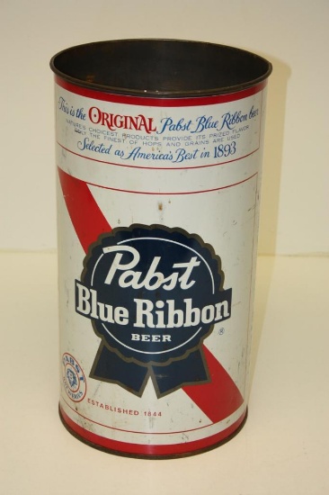 PABST BLUE RIBBON VINTAGE METAL TRASH CAN, 19"H x 10 1/2" DIAMETER