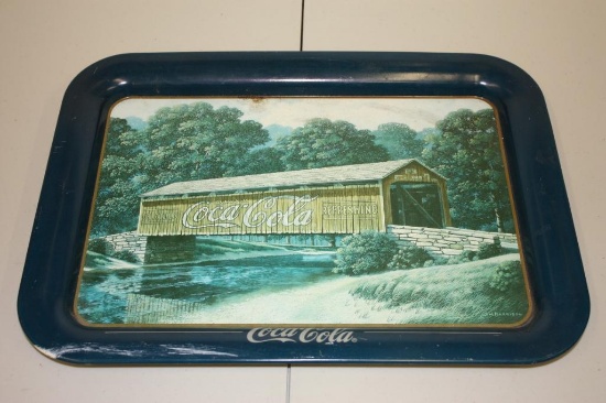 Vintage Coca-Cola Blue Summer Bridge Metal Tray 13x17.5"