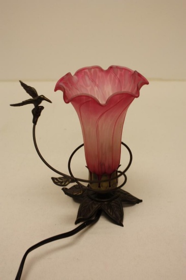 Electric Hummingbird Lamp W/ Rose Colored Glass Shade 8" Tall