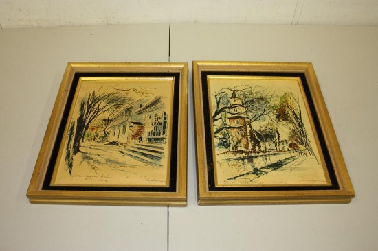 2 Gold Framed Pictures W/ Velvet Matting 15x12"
