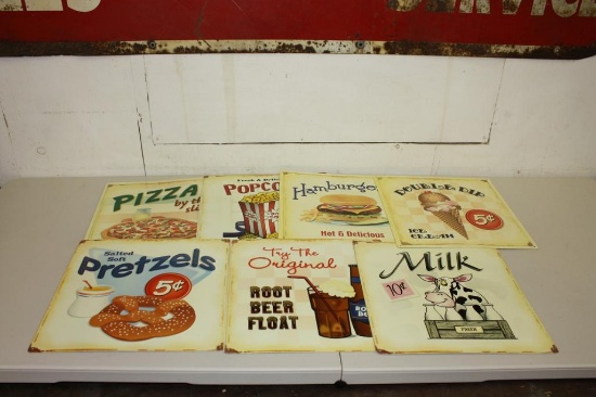 Lot of 7 15" Tin Embossed Restaurant Signs, Pizza, Burgers, Ice Cream, Etc